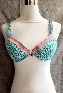Pussy Deluxe Stitchknot Push-Up BH, neu, Gr. 80B, rosa Spitze, Mesh, petrol weiß - Picture 1 of 4