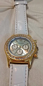 Cote D'Azur Damenuhr goldfarben, Strass Chronograph Leder weißes Armband, - Bild 1 von 10