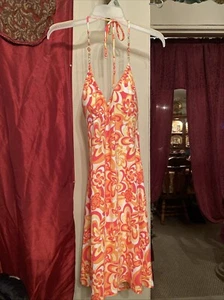 Women’s XXL(19) Sleeveless Mini Halter Tropical Stretch Sundress Orange/ Yellow - Picture 1 of 14