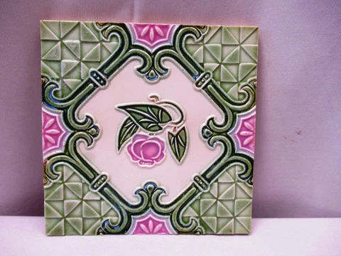 Antique Art Nouveau Majolica Tile Pink Flower Geometric Design Embossed Gree"511 Cover