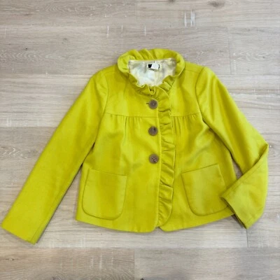 Jaqueta Blazer J.Crew Feminina Tamanho 2 Amarela Babado Botão Frontal Mistura de Lã Preppy - Imagem 1 de 4