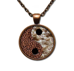 Coffee Yin Yang Symbol - Handmade ROUND Glass Pendant Necklace ANTIQUE COPPER - Picture 1 of 5