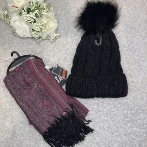 Hat - Scarf  2 piece set Black Red Pom Beanie Pashmina West Loop NEW - Picture 1 of 5