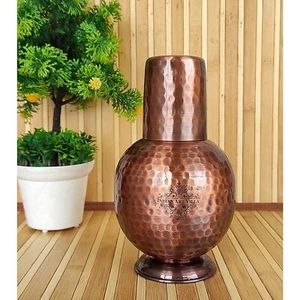 Copper Antique Surahi Design Bedroom Bottle with Inbuilt Glass 700 ml - Picture 1 of 6