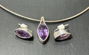 Vintage Art Deco Style Silver Amethyst Set of Earrings and Necklace - Picture 1 of 13