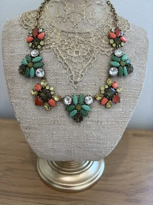 Collar Stella & Dot Elodie Naranja Verde Flores Declaración Tono Dorado Ajustable Foto 1 de 4