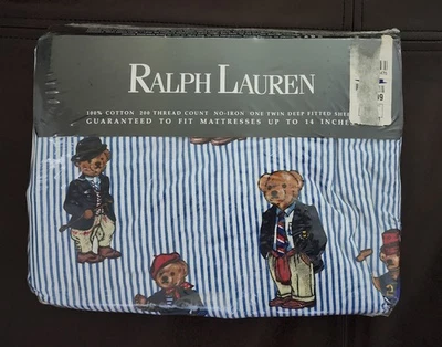 RALPH LAUREN TWIN Deep Fitted Sheet POLO BEAR Bed Stripe NEW SEALED - Image 1 of 4