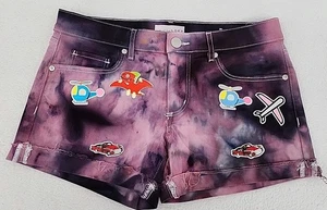 Loft Women's 26/2 Denim Shorts Patches Dinosaurs Procion Ice Tie Dyed Upcycled - Picture 1 of 21