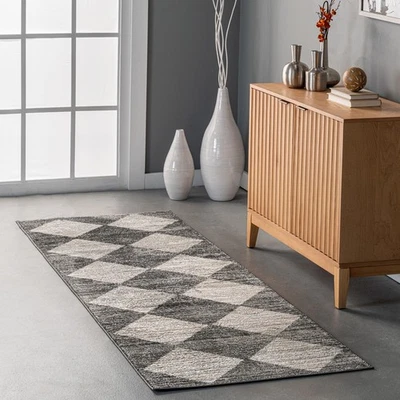 Gianna Contemporary Geometric Checker Tile Runner Rug, 2' 8" x 8', Grey - Image 1 of 4