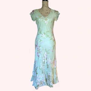 Fairy Y2K Monsoon Rare Apple Green Bias Cut Beaded Midi Dress UK 8 (US 4) - Picture 1 of 12