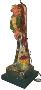 Boy Picking Apples Lamp Electric Table Chalkware Iron Vintage Large As Is - Picture 1 of 9