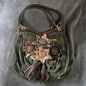 Sharif Designer Womens Green Tote Bag Purse With 3d Flowers - Picture 1 of 6