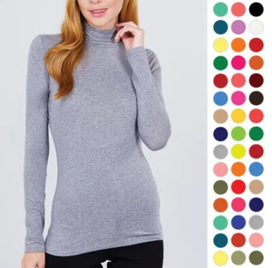 WOMEN SOLID COTTON TURTLENECK LONG SLEEVE TOP SHIRT T11901 - Picture 1 of 52