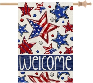 4Th of July House Flag Patriotic Stars 28X40 Inch Double Sided Large Burlap for - Picture 1 of 12