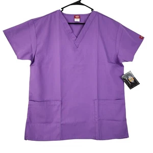 Dickies Scrubs Top Women's Large Medical V Neck Short Sleeve Hip Pockets Purple - Picture 1 of 7