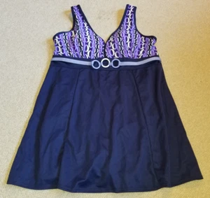 NWOT Womens Swim Dress-INCHES OFF-navy/purple patterned nylon padded-16W - Picture 1 of 7