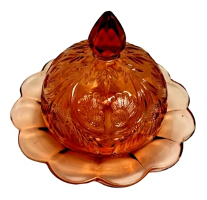 Inverted Thistle Covered Butter Cheese Dish Pressed Depression Glass Pink Mosser - Picture 1 of 11