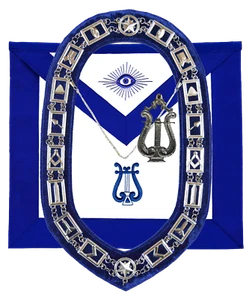 DELANTAL MÚSICO OFICIAL LOGIA AZUL MASÓNICO CADENA PLATA COLLAR Y JOYA - Imagen 1 de 4