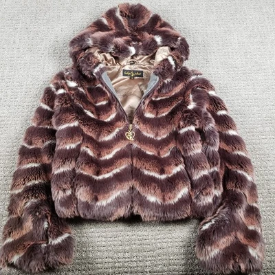 Abrigo de piel de conejo vintage Y2k Baby Phat para mujer mediano marrón imitación piel chaqueta con capucha Foto 1 de 4
