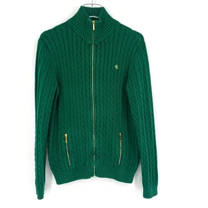 Ralph Lauren Sweater Jacket Womens XL Green Cable Knit Turtleneck Old Money - Picture 1 of 7