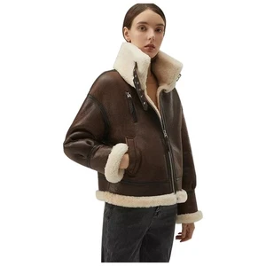 Chaqueta de bombardero B3 marrón choco para mujer - Abrigo de cuero de oveja forrado de aviador de la RAF - Imagen 1 de 5