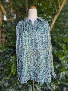Liz Jordan Printed Teal Lurex Stripe Button Down Long Sleeve Shirt Sz 18 BNWT - Picture 1 of 12