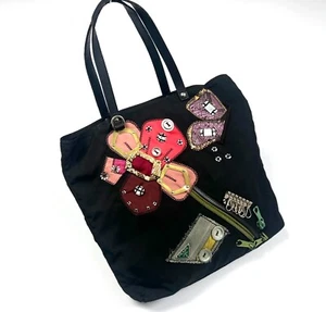 Vintage Women's PRADA Triangle Logo Flower Floral Rattern Black Casual Hand Bag - Picture 1 of 22