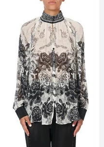 Camilla Size M Midnight Pearl Gothic Black White Roses Silk Crinkle Shirt Blouse - Picture 1 of 12