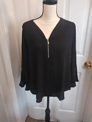NEW Ny Collection Blouse Petite Pleated Bell Sleeve Zip Front Size PXL Black - Image 1 of 4