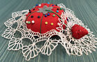 Vintage Pin Cushion Tomato & Strawberry/White Plastic Doily/Made In Japan-W/Pins