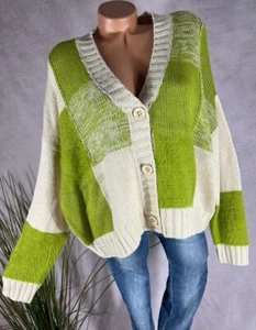OVERSIZE Strickjacke Cardigan KAROMUSTER Italy BEIGE-GRÜN 38 40 42 - Bild 1 von 7