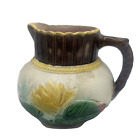 Majolica Yellow Pond Lily Water Pitcher Pink Interior Brown Handle Antique