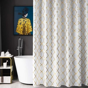 White Shower Curtain Gold Moroccan Pattern with 12 Hooks Included, 72 x 72 In... - Picture 1 of 6