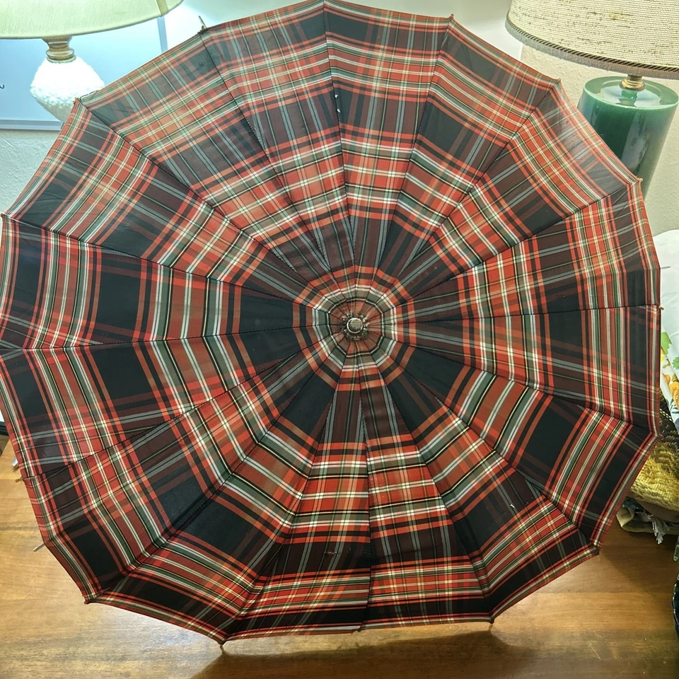 Vtg Umbrella Plaid Parasol 40’s 50's Round Lucite Handle Scalloped MCM READ - Image 1 of 4