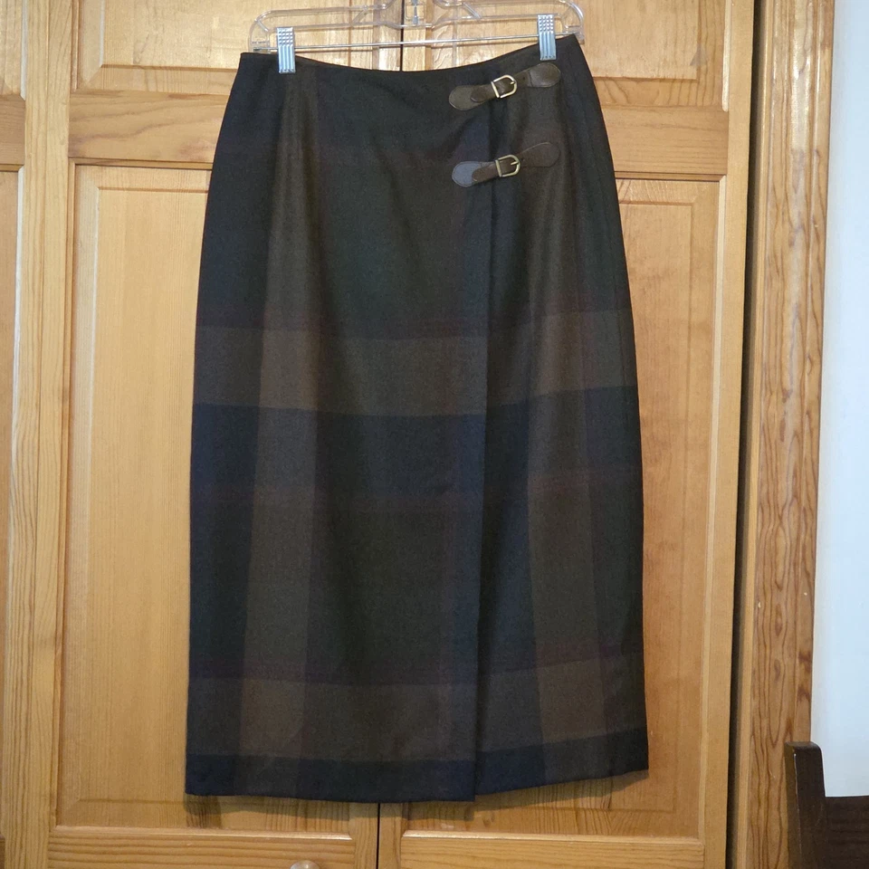 Vintage Ralph Lauren Equestrian Plaid Wrap Midi Wool Skirt Sz 10 Leather Buckle - Image 1 of 4