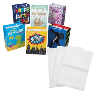 Fun Express Birthday Paper Gift Bags & Tissue Paper Kit, Large 10" x 13", Bulk 1 - Picture 1 of 2