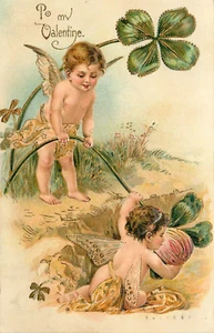 Valentine Postcard Victorian Angels Cherubs Clovers 1908 Embossed Germany - Bild 1 von 2
