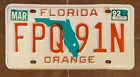 Florida 1992 ORANGE COUNTY License Plate # FPQ 91N