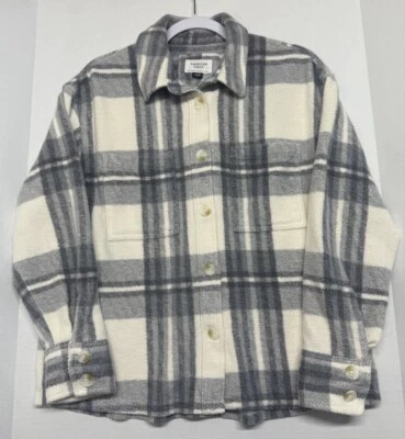 Jaqueta camisa American Eagle Shacket cinza xadrez lã botão para cima pequena - Imagem 1 de 4