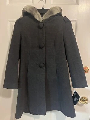 NEW Rothschild Girls 10 Rosette Faux Wool Hood Dress Coat Winter Grey Charcoal - Image 1 of 4