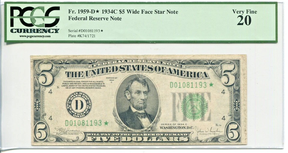 1934-C $5 FRN Cleveland Wide Face **STAR** PCGS Very Fine 20 #D01081193* - Image 1 of 2