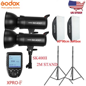 US 2X Godox SK400II 400W Studio Flash+XPro-F Trigger+60*90cm Softbox Stand Kit - Picture 1 of 12