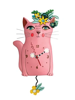 Enesco Pretty Kitty with Flowers Sculpted Pendulum Wall Clock, 14 Inch, Pink - Image 1 of 3