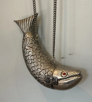 Vintage Silver Tone Metal Fish Purse with Red Rhinestone Eyes - Image 1 of 4