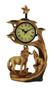 Wolf Family Safari Carved Wood Look Clock Figurine - Picture 1 of 3