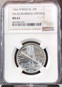 1966 PORTUGAL SILVER 20 ESCUDOS SALAZAR BRIDGE OPENING NGC MS 63 BRIGHT LUSTER - Picture 1 of 3