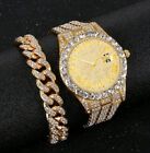 Men's Luxury Simulated Diamond Cz Fire Goldplated  Watch & Cuban Bracelet Set