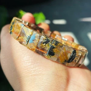 11.5*5mm Natural Gold Rutilated Titanium Flower Crystal Rectangular Bracelet C3 - Picture 1 of 12