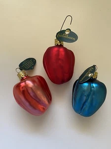 Christborn Peach Red Blue Pepper Blown Glass Ornaments Germany Set Of 3 W Tags - Picture 1 of 6
