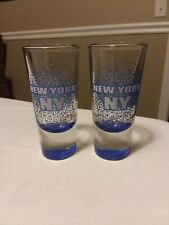New York NY 2 Shot Glasses 4oz. Raised Blue Pebbled Tint, Heavy. 5 1/2" H In EUC